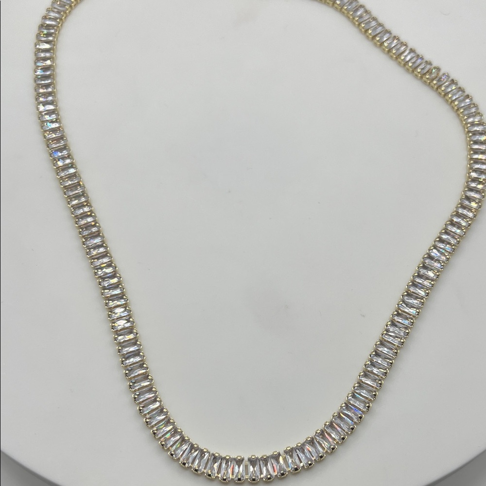 1190. 14K Gold Plated Crystal Baguette Necklace. 17”.
